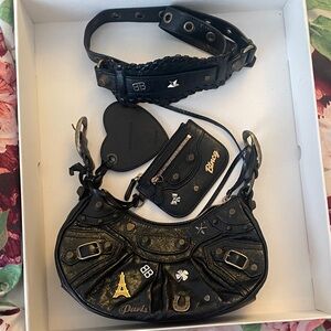 Balenciaga Black Shoulder Bag with Gold and Silver Charms